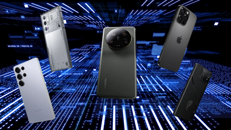 Celulares enfileirados um ao lado do outro, Redmagic 8 pro, S25 Ultra, Xiaomi 13 Ultra, IPhone 15 Pro Max, Asus RogPhone 8 Ultimate