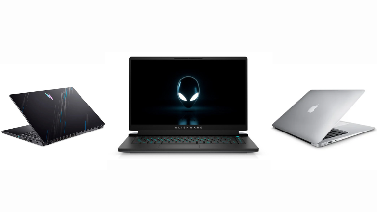 Três notebooks, 1 Alienware, 1 MAcbook e 1 Acer Nitro, 3 Notebooks Custo-Benefício.